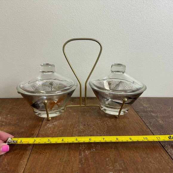 MCM Vintage Retro black gold design glass containers in metal condiment holder - Picture 6 of 10